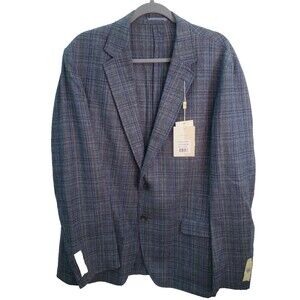 Thom Hudson Blue Plaid Italian Linen Silk & Wool Men's Sport Coat Jacket 46R